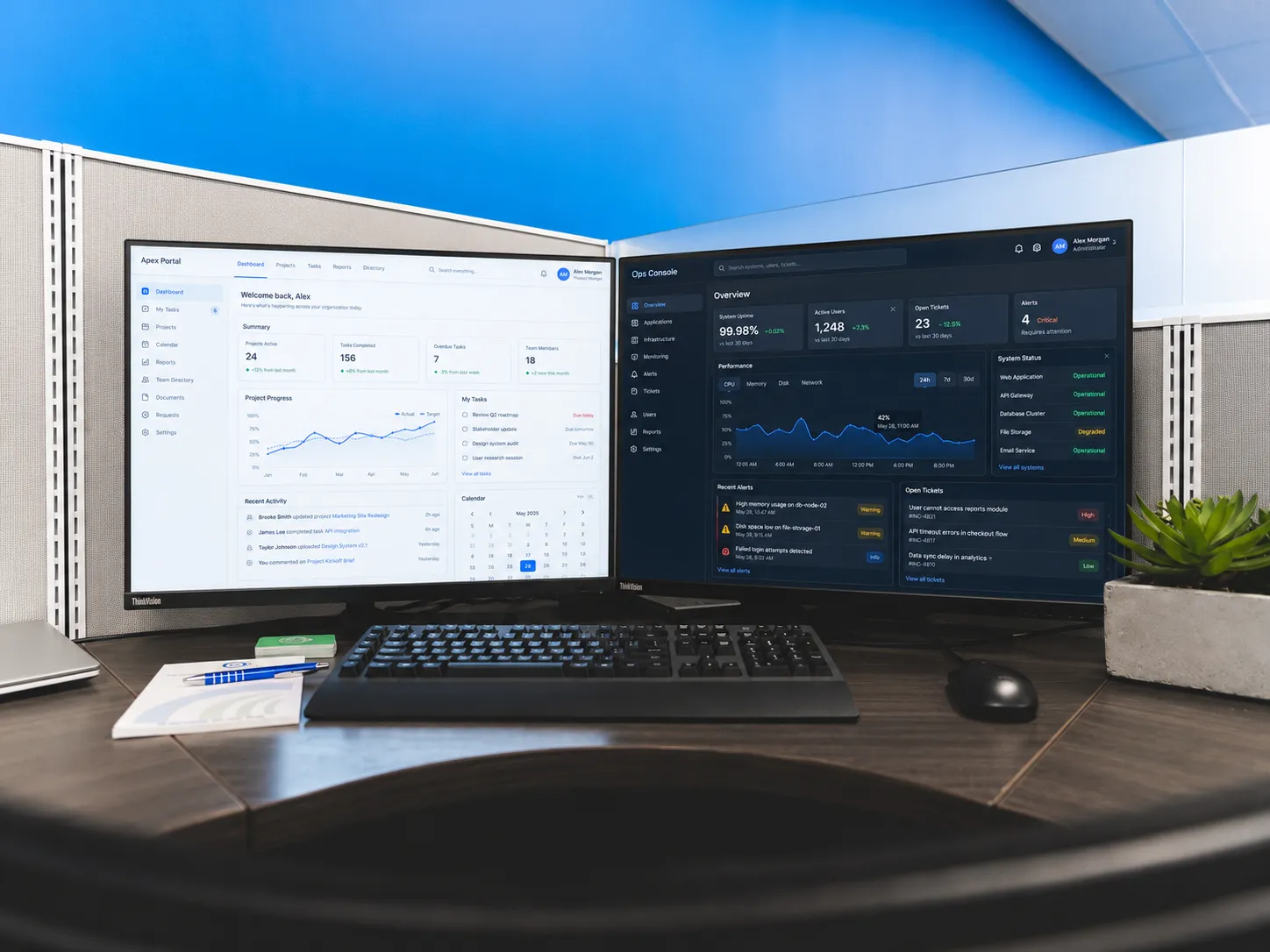 Custom dashboard and operations-console applications across dual monitors.